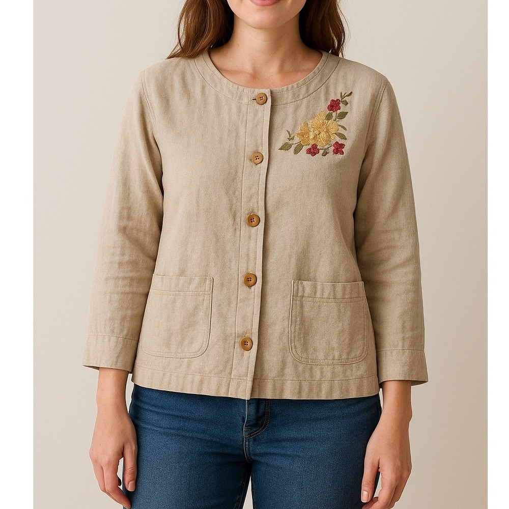 Classic Elements Sz M Linen Blend Floral‎ Embroidered Button Up Minimalist Top